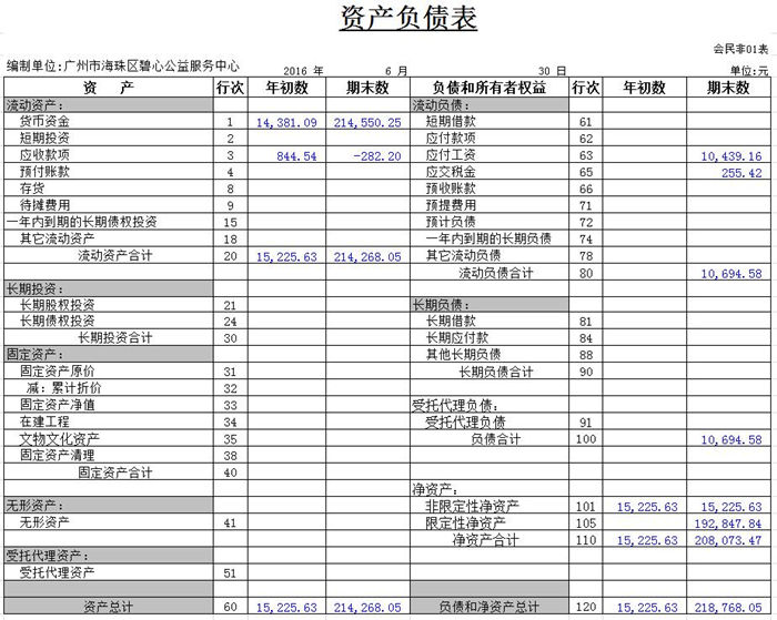 碧心公益服务中心16年6月资产负债表 财务报表 信息公开 广州市海珠区碧心公益服务中心上海心桥社区公益服务中心